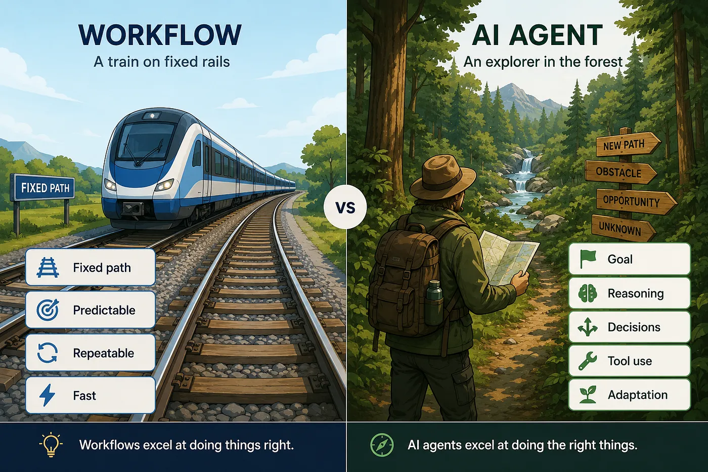 Workflow vs. AI agent: a train on fixed rails is predictable, repeatable, and fast. An explorer in the forest reasons, decides, uses tools, and adapts. Workflows excel at doing things right; AI agents excel at doing the right things.