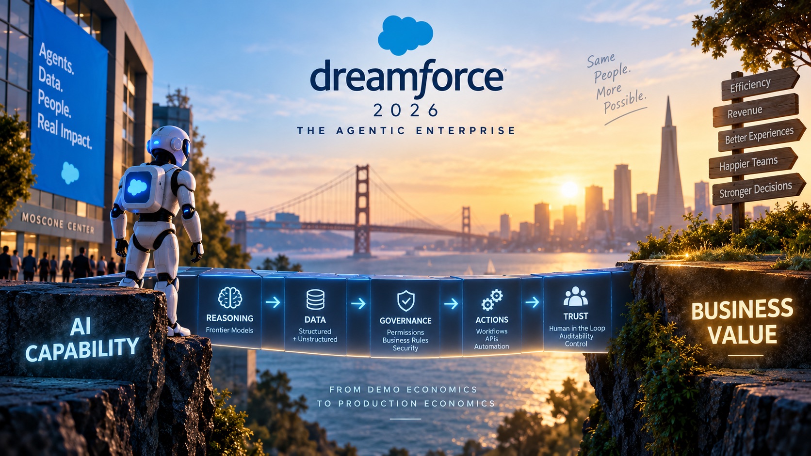 A robot looks across a bridge spanning "AI Capability" to "Business Value," its steps labeled Reasoning, Data, Governance, Actions, and Trust, with the Golden Gate Bridge and San Francisco skyline behind it — captioned "From demo economics to production economics."